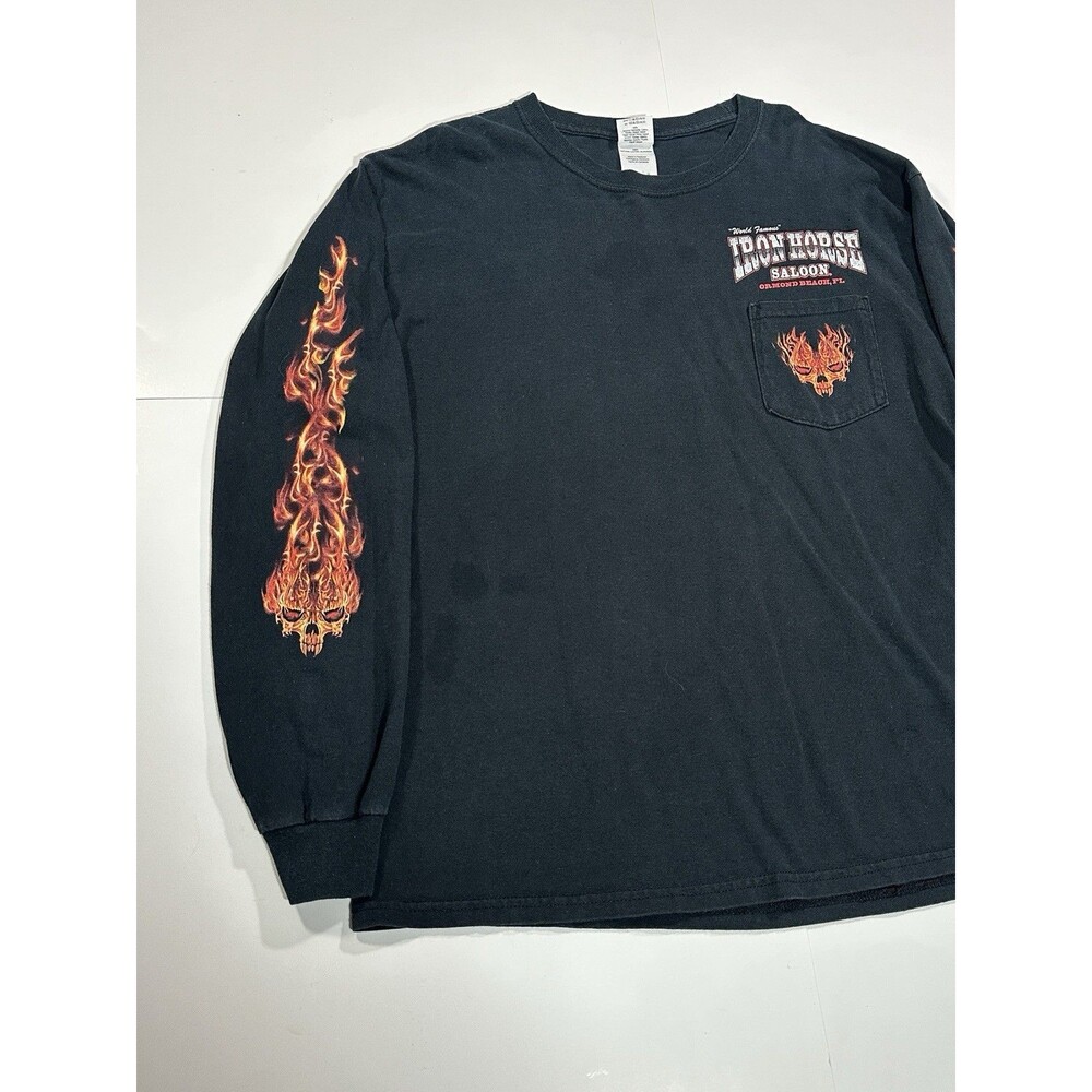 Vintage Iron Horse Saloon Bike Week 2008 Skull Flame Long Sleeve T-Shirt Men’s L - Picture 2 of 11